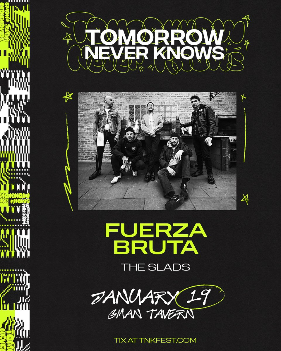We are partnering with @TNKfest to bring you Chicago's south siders, Fuerza Bruta, for a rare north side appearance on 1/19! Joined by Philly's own punk rockers, The Slads, making their Chicago debut in our Back Room! On Sale Friday! 🎟️: bit.ly/FuerzaBruta_01…