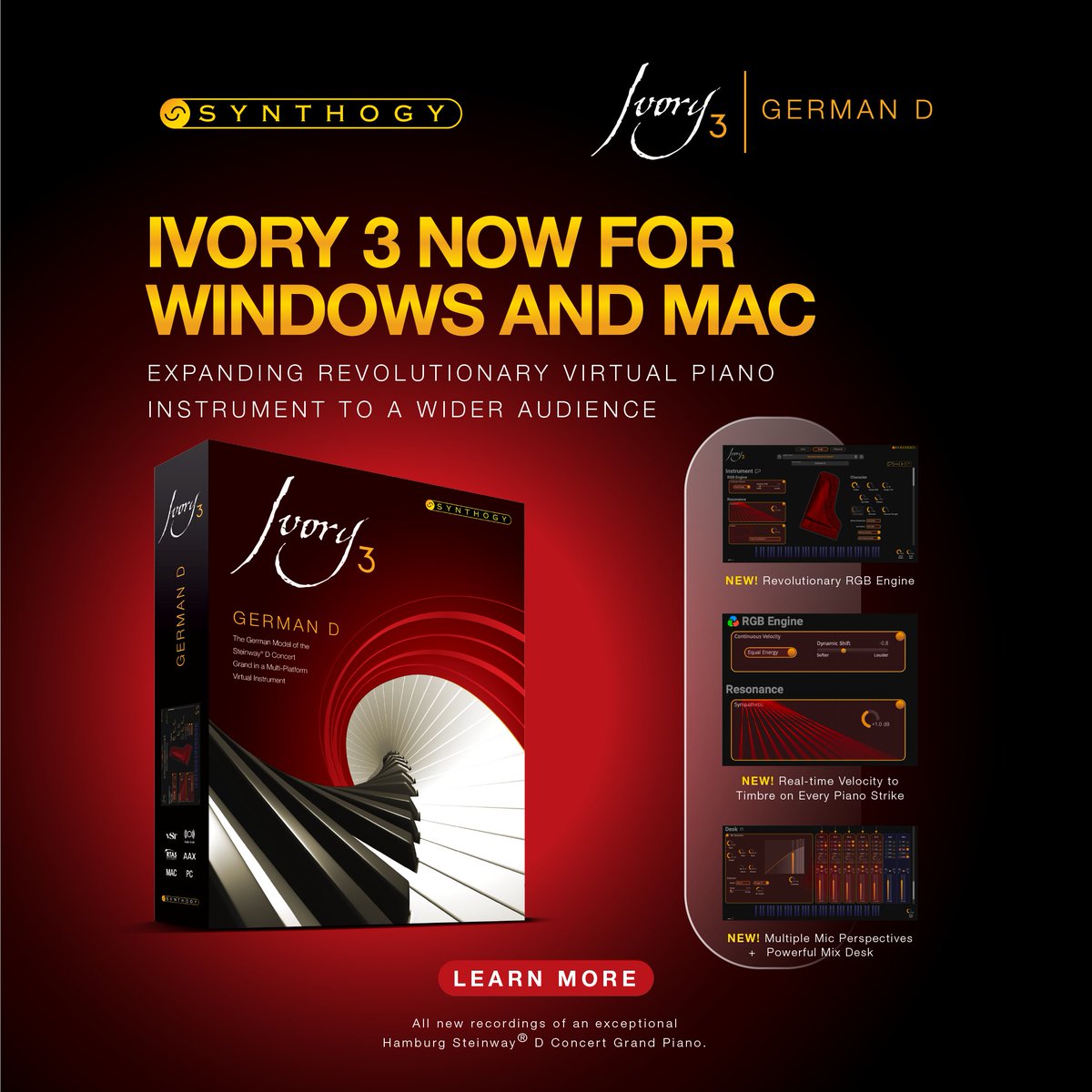 synthogy's tweet photo. Ivory 3 for Windows is Here!
We're thrilled to unveil Ivory 3 for Windows! Following the resounding success of Ivory 3 for Mac earlier this year, we're bringing unparalleled technology and the ultimate virtual piano experience to Windows users.
Learn more:
https://t.co/aKYFkIFP0u https://t.co/RQwlChoYXs