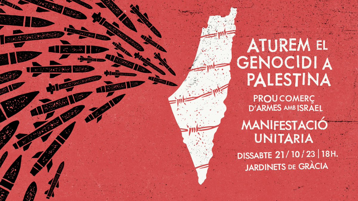 📢Aturem el genocidi a Gaza!

🔴Manifestació  unitària contra la invasió i la massacre del poble palestí. Mostrem el nostre rebuig a la posició irresponsable de la Unió Europea.

🗓️Dissabte 21 d'octubre. 18h.
📍Jardinets de Gràcia

#AturemElGenocidi
#NoEnElNostreNom