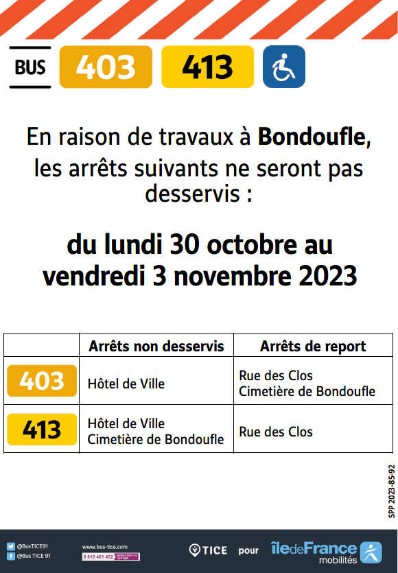 EvryEss_IDFM's tweet image. #InfoTrafic Des travaux à Bondoufle nous contraignent à dévier les ligne #bus403 et #bus413 du 30/10 au 3/11/2023.