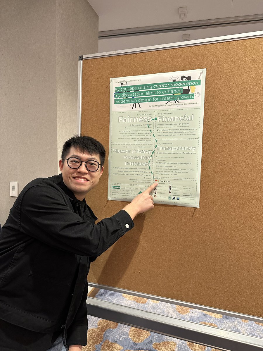 I presented my dissertation research about *creator moderation* through a poster #CSCW2023! 💚🥳

I want to express my gratitude to mentors who supported & offered me training and guidance, @yubokou @xinninggui @DearPriya @TrepKnitting Dr. Yao Li, @PatrickDoylePhD, and Winnie Liu