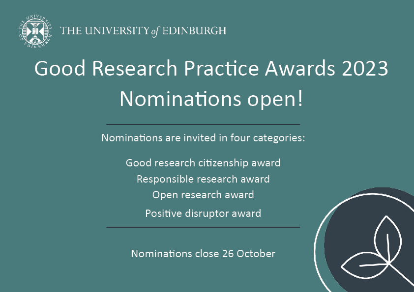 The University of Edinburgh Good Research Practice Awards recognise and celebrate contributions from staff and research students who provide leadership and act as role models for good research practice. Submit your nominations before 26 October, 5pm ! ed.ac.uk/research-offic…