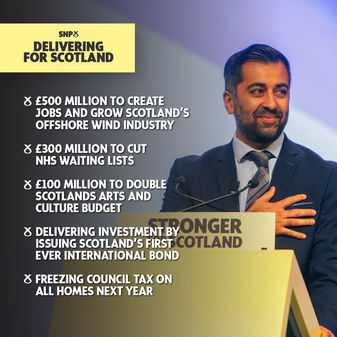 Here is just some of what @HumzaYousaf has announced at #SNP23: 🏡 Freezing council tax next year 🏥 £300 million to alleviate NHS waiting lists 👷‍♀️ £500 million to create renewable jobs 🎭 £100 million to double Scotland's arts and culture budget