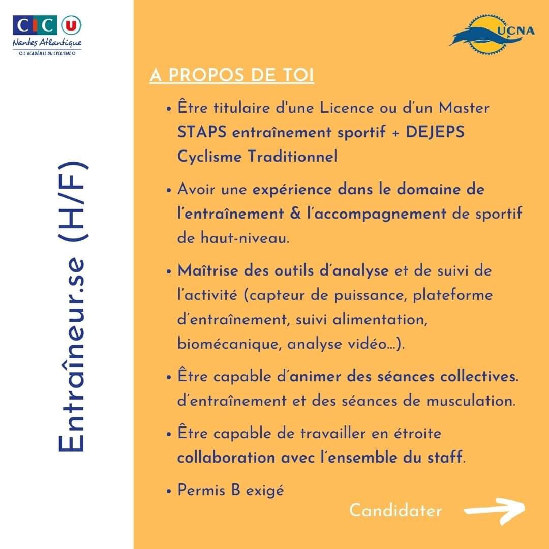 cicprocyclingac's tweet photo. L’Académie du cyclisme recrute ! ⚙️🆕

Le CIC U Nantes Atlantique recherche un nouvel entraîneur pour permettre à l’équipe continentale et au centre de formation U19 (SEF) de rouler encore plus vite ! 🚴‍♂️

📨 Postules dès à présent (CV + Lettre de motivation): ucna@ucna.fr https://t.co/2Vpy8sQpCQ