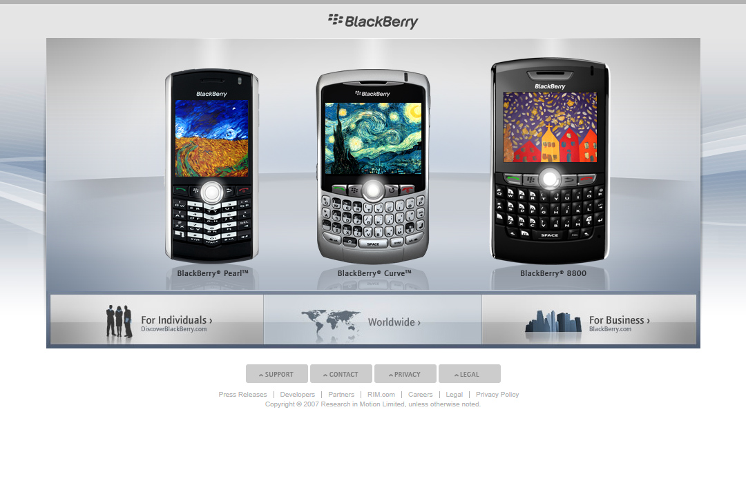Apple homepage in 2007
vs.
BlackBerry homepage in 2007

#WebDesignHistory