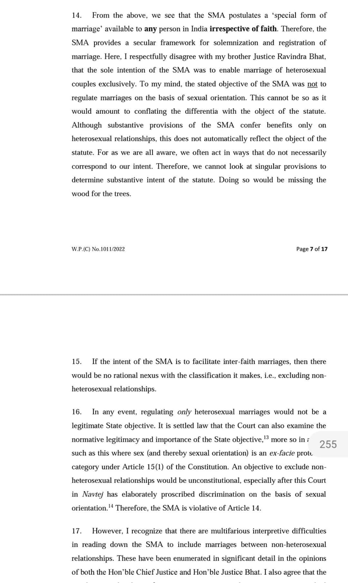 godisays's tweet photo. Having read the judgement now, 🧵 on what we have so far in the marriage equality judgement:

1. J. SKK holds Special Marriage Act violates Article 14 of the Constitution. But no suitable remedies available to court. Concurs with CJI though DYC does not expressly rule SMA unconst https://t.co/eUPhNLX4tp