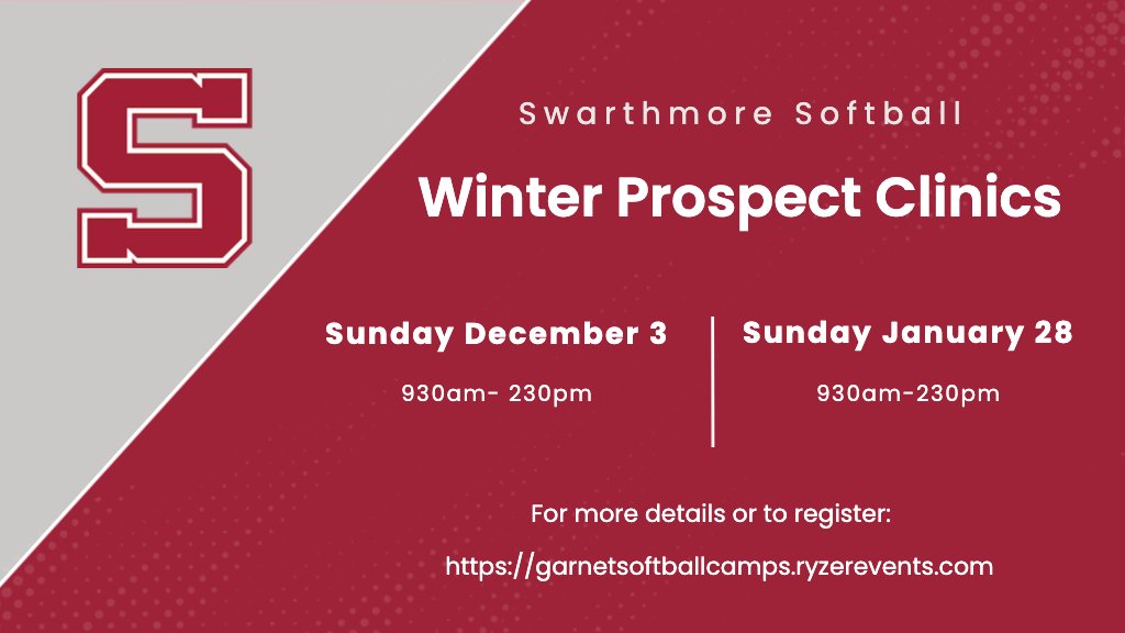 Registration is open for our Winter Clinics on Dec 3 and Jan 28. It's a great opportunity to learn more about Swarthmore Softball while working on your game. We hope to see you there! garnetsoftballcamps.ryzerevents.com