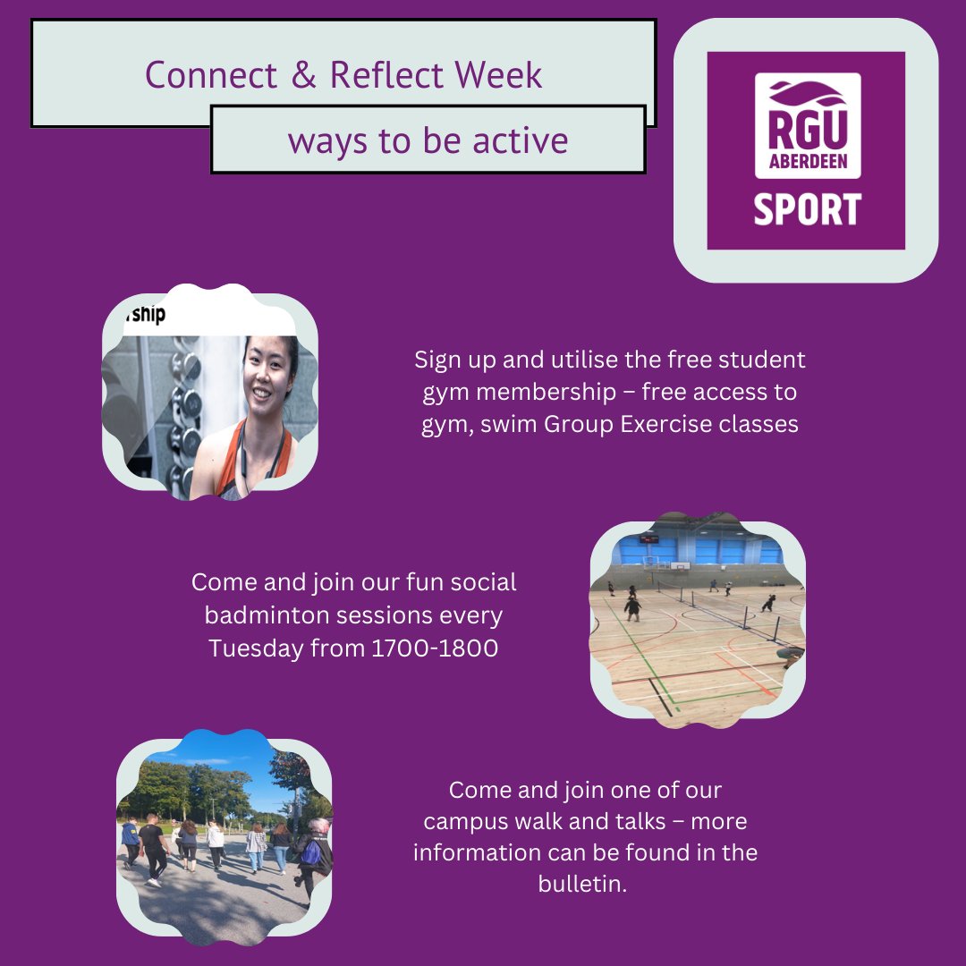 As this week is Connect and Reflect week, we are using the 5 ways of wellbeing to show how RGU SPORT can support everyone's physical, social and mental wellbeing We are kicking the week off with how everyone can get and stay active with us