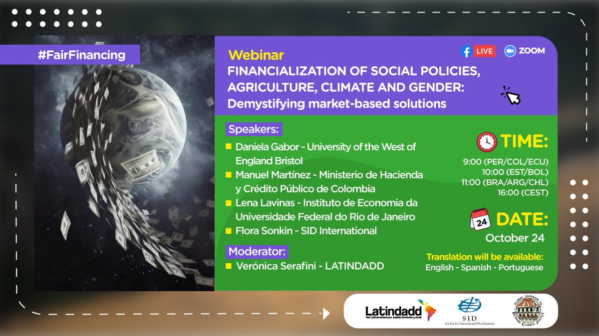 latindadd's tweet image. 📢 Webinar | Join us to our discuss about #financialization, a process that involves the incorporation of the private sector in the offer of services that should be public. Is it a false solution? 
📌 Registration: bit.ly/3M1oB5r
🗓️ Date: October 24

#FairFinancing