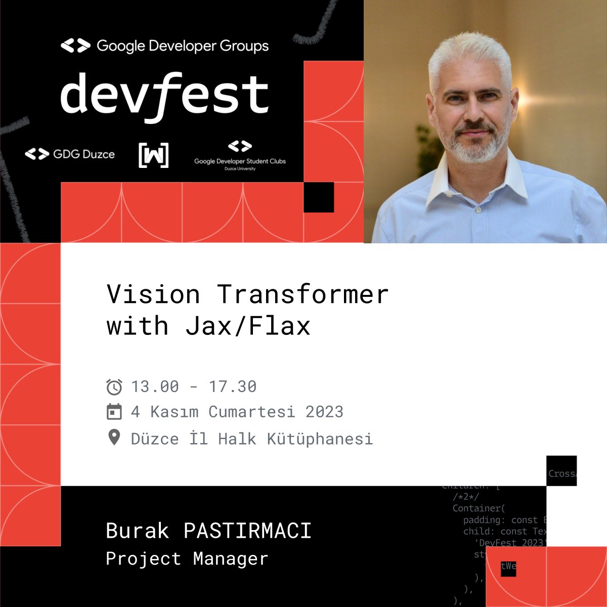 Devfest Düzce Konuşmacılarımız sizlerlee ✨ Etkinliğimizin ilk konuşmacısı ‘Vision Transformer with Jax/Flax’ konulu sunumu ile Project Manager olan Burak Pastırmacı 🚀

📍 4 Kasım 2023 Cumartesi, Düzce İl Halk Kütüphanesinde buluşuyoruz

Katılım: forms.gle/RYEaWZrbJi3C6H…