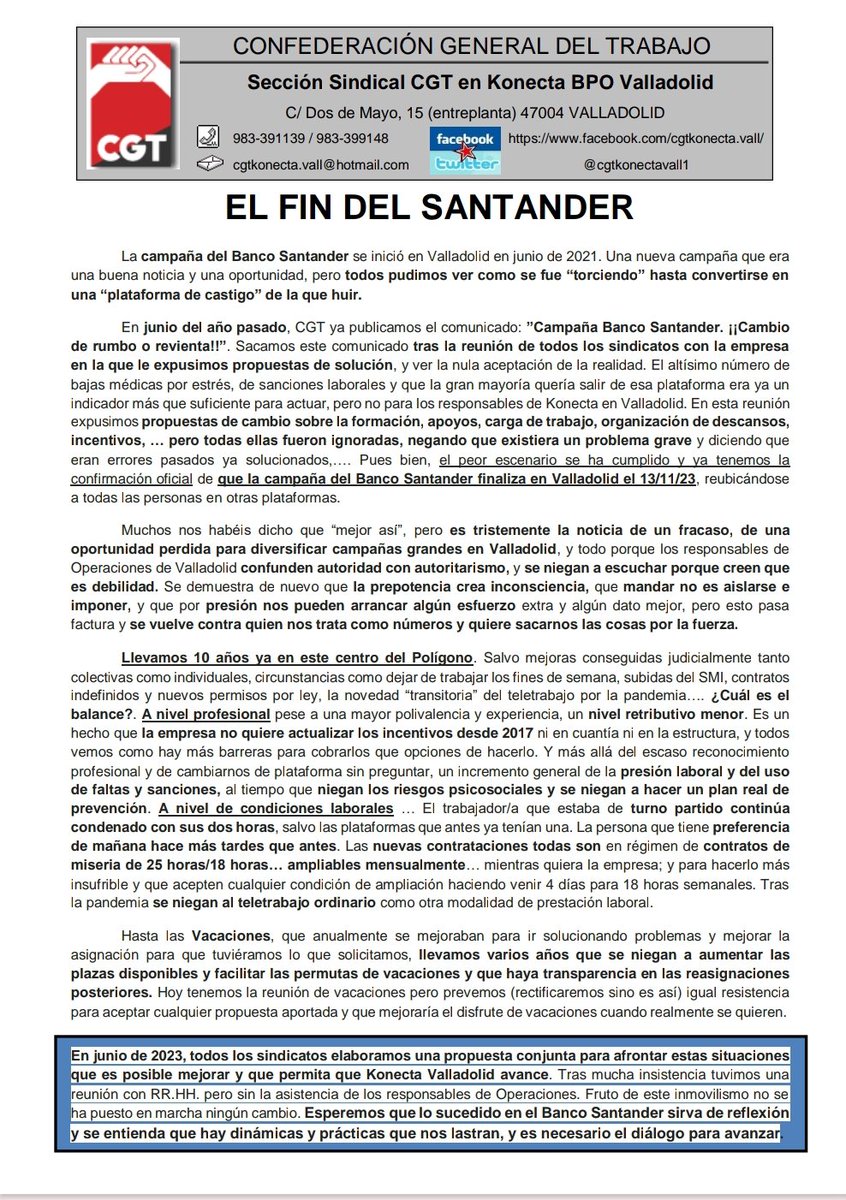 Comunicado sobre el fin de la campaña del banco Santander en Valladolid.