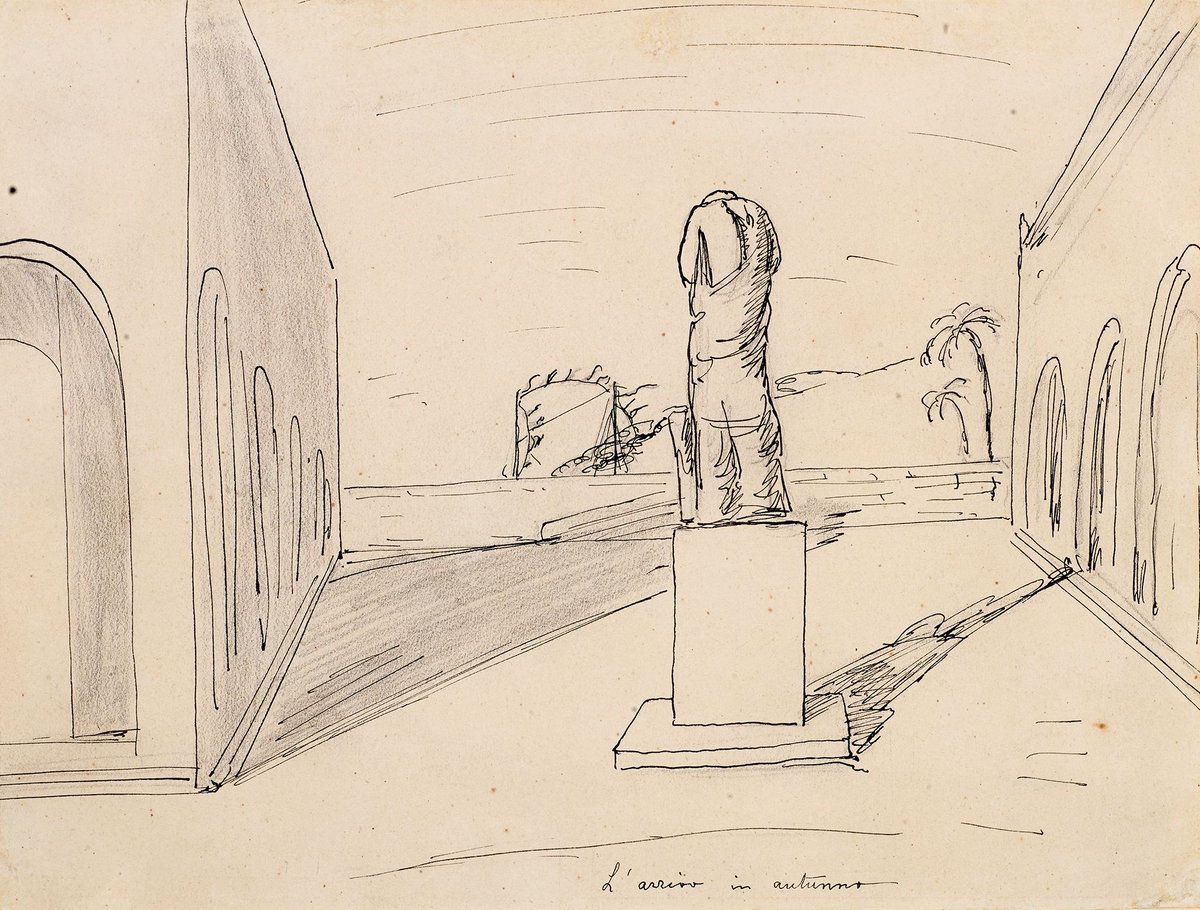 🍂 Autumn is here and leaves are turning from green to gold. The changing season is one of warm colours, of harvests and of lengthening shadows and longer nights. 
Today we celebrate autumn through the eyes of metaphysical artist Giorgio de Chirico, with The Autumn Arrival, 1913.