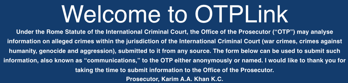 The #ICC Office of the Prosecutor has an ongoing investigation into the situation in the State of Palestine.

Those with information relevant to current events in Israel and Palestine can provide submissions at #OTPLink
👇
otplink.icc-cpi.int