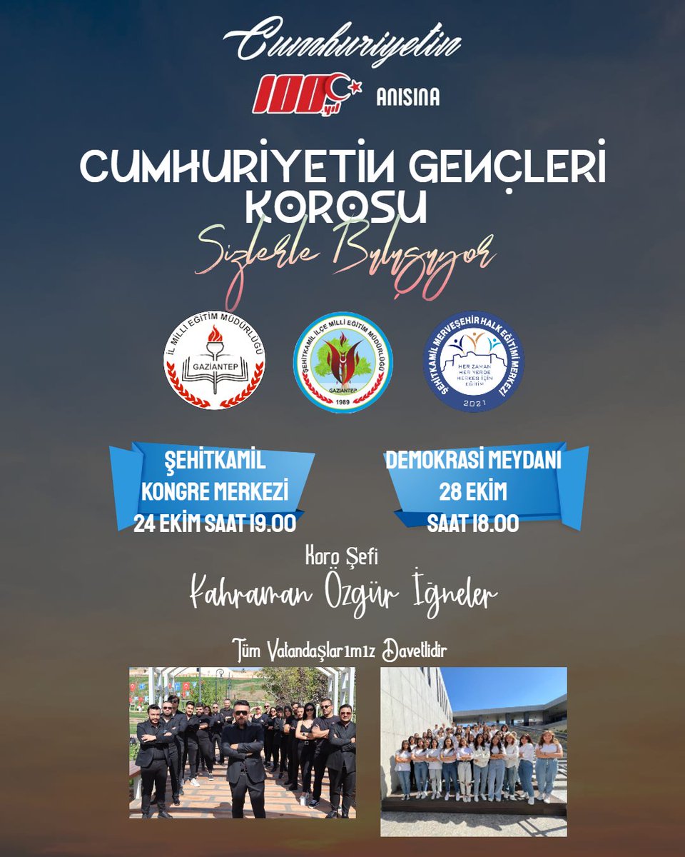 Tüm halkımızı Cumhuriyetimizin 💯. Yılını coşkuyla kutlamaya davet ediyoruz <a href="/mebhbogm/">MEB Hayat Boyu Öğrenme Genel Müdürlüğü</a> <a href="/ferhatdavran/">Ferhat DAVRAN</a> <a href="/yasintepe/">Yasin TEPE</a> <a href="/Halit__Ates/">Halit ATEŞ</a> @GaziantepHBO <a href="/yagcimehmet27/">Mehmet YAĞCI</a> <a href="/SehitkamilMEM/">Şehitkamil İlçe Milli Eğitim Müdürlüğü</a>