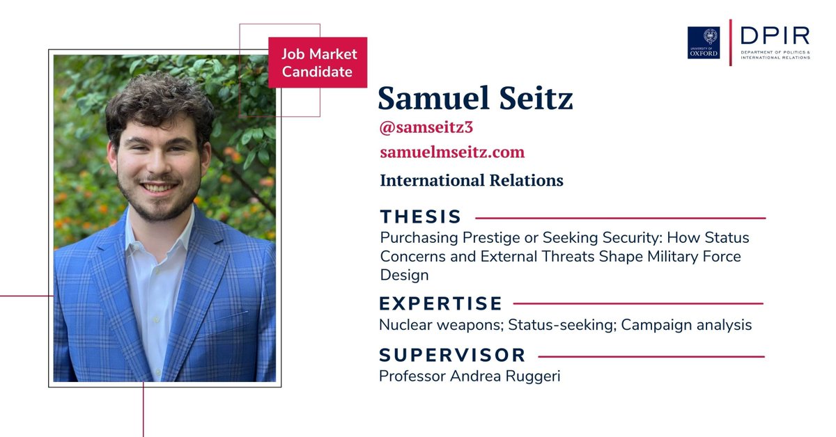 Politics_Oxford's tweet photo. In his thesis, @samseitz3 evaluates when and why countries procure militarily ineffective ‘prestige platforms’ using case studies of the US, UK, #Germany, and #China. 

Read more about Sam's research 👇 

https://t.co/32z67FGYe3 #jobmarketcandidate #internationalrelations https://t.co/BxydBOlStL