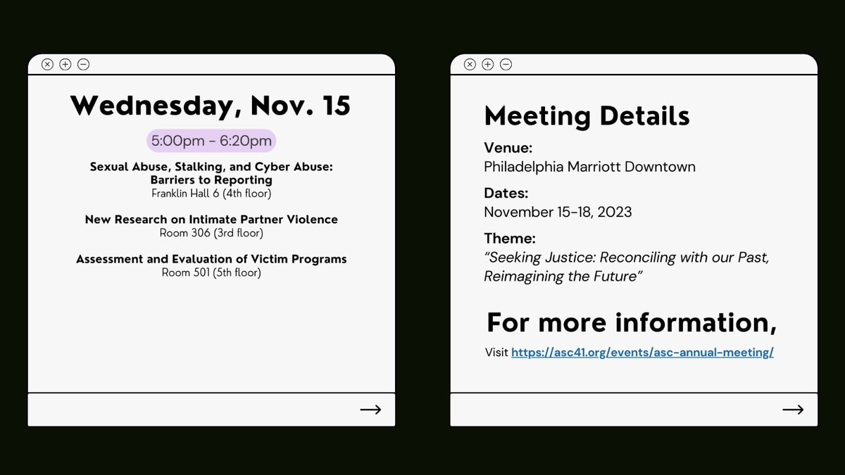 ascdov1's tweet photo. 📢 2023 ASC Meeting - Victimology panels for 11/15📢
In anticipation of the 2023 American Society of Criminology (ASC) meeting next month, the DOV will be sharing panels presenting innovative research in the field of victimology
#asc41 #victimology #criminology https://t.co/viLP7Ud06g