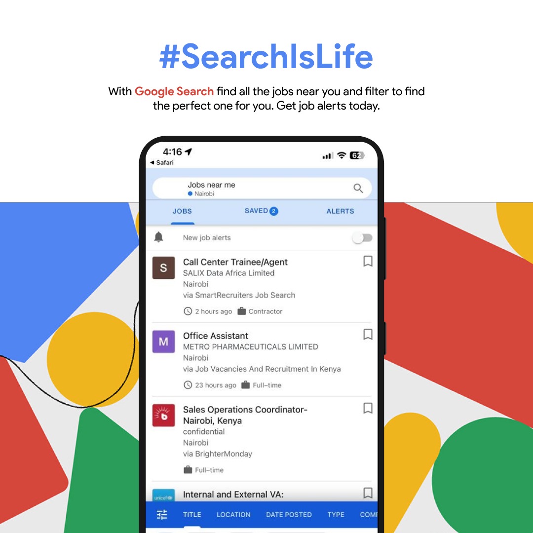 #FindWithGoogle.Click on goo.gle/ke-jobs2 and find the jobs you are interested in.#SearchNiLife.Imekuwa rahisi kupata jobs of your interests through Google. Already saved the jobs am interested in za accountants. Do the same through Google.#SearchIsLife. #AD.