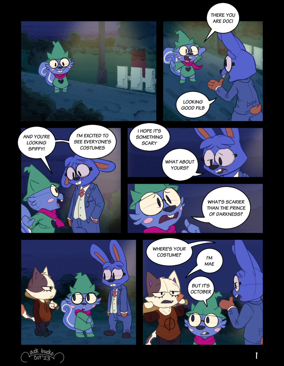 ask_bucko's tweet photo. the gang showing off their costumes! and a lil bonus page with cj and flick antics #AnimalCrossing https://t.co/h1Uzq47ZvZ