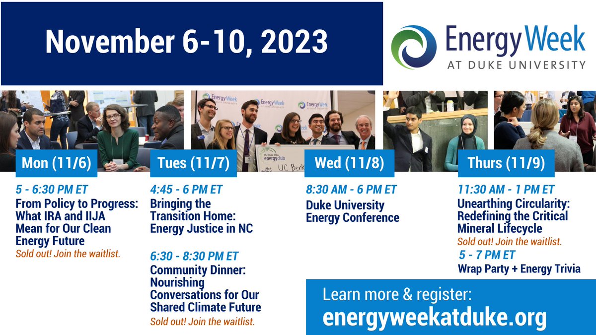 ⚡️🌍How can we move from rhetoric to reality and quickly advance a just, clean energy transition? Explore solutions during Energy Week at @DukeU (Nov. 6 – 10), including at the full-day Duke University Energy Conference (Nov. 8). Register now: bit.ly/eweek-23