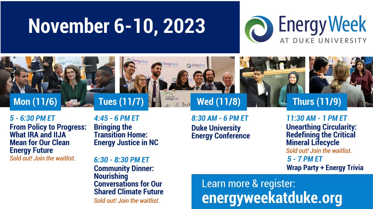Nicholas Institute (@nichinstitute) on Twitter photo ⚡️🌍How can we move from rhetoric to reality and quickly advance a just, clean energy transition?
Explore solutions during Energy Week at <a href="/DukeU/">Duke University</a> (Nov. 6 – 10), including at the full-day Duke University Energy Conference (Nov. 8).
Register now: bit.ly/eweek-23 ⚡️🌍How can we move from rhetoric to reality and quickly advance a just, clean energy transition?
Explore solutions during Energy Week at <a href="/DukeU/">Duke University</a> (Nov. 6 – 10), including at the full-day Duke University Energy Conference (Nov. 8).
Register now: bit.ly/eweek-23