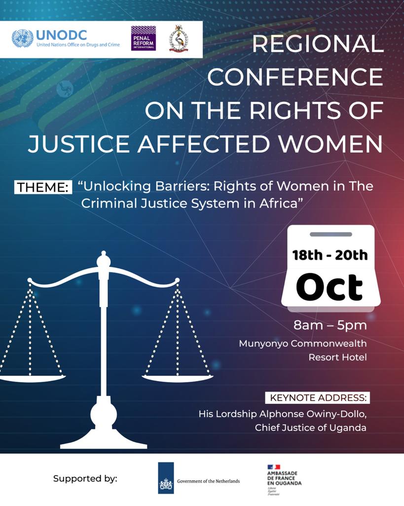 Happening Tomorrow: Regional Conference on the Rights of Justice Affected Women. @UNODC_EA in 🇺🇬 is happy to partner with @PenalReformInt & @UgandaPrisons to advance more gender-responsive criminal #justice systems across #Africa. #BreakingJusticeBarriersforWomen