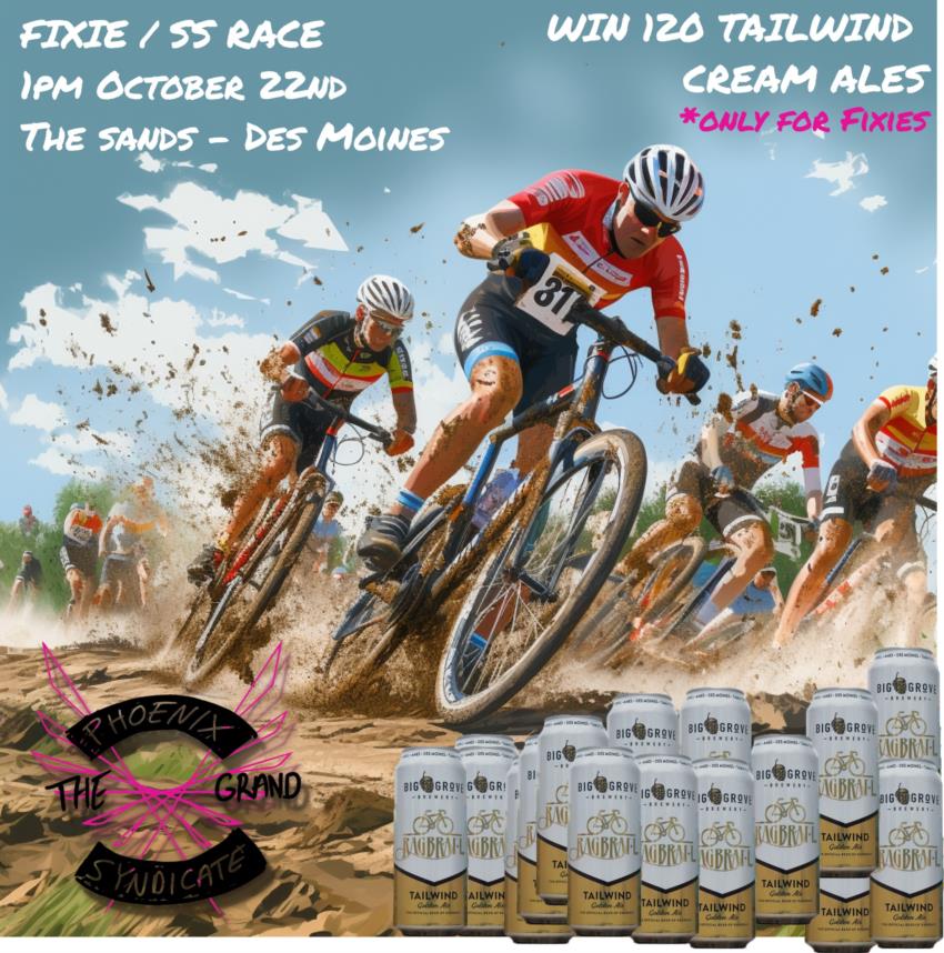 bikeiowa's tweet photo. "The Grand" cyclocross race happens this weekend in Des Moines. You can win 120 @RAGBRAI_IOWA  @BigGroveBrewery Tailwind Beers IF you WIN the fixie race on Sunday!  Not racing?  Ride down on the trails and spectate!  #AIart  https://t.co/1GuOdpHgfa https://t.co/78q8aLtp2L