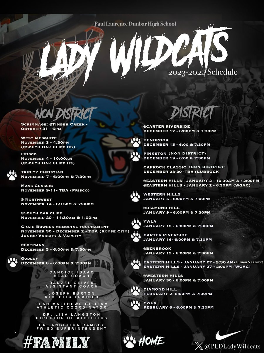 Dunbar_Wildcats's tweet photo. ๐๐พBasketball Season is here๐พ๐
The road to playoffs starts now!
@TheRodHarris @DWhite810 @PLDLadyWildcats @Dunbar_Softball @Dunbarfootball1 @dunbar_track @DunbarVball @FPLDunbarSoccer @FWISDAthletics @dfwvarsity
#ThePLD #IBeAWildcatWhoBeYou https://t.co/RBCVUhtSnI