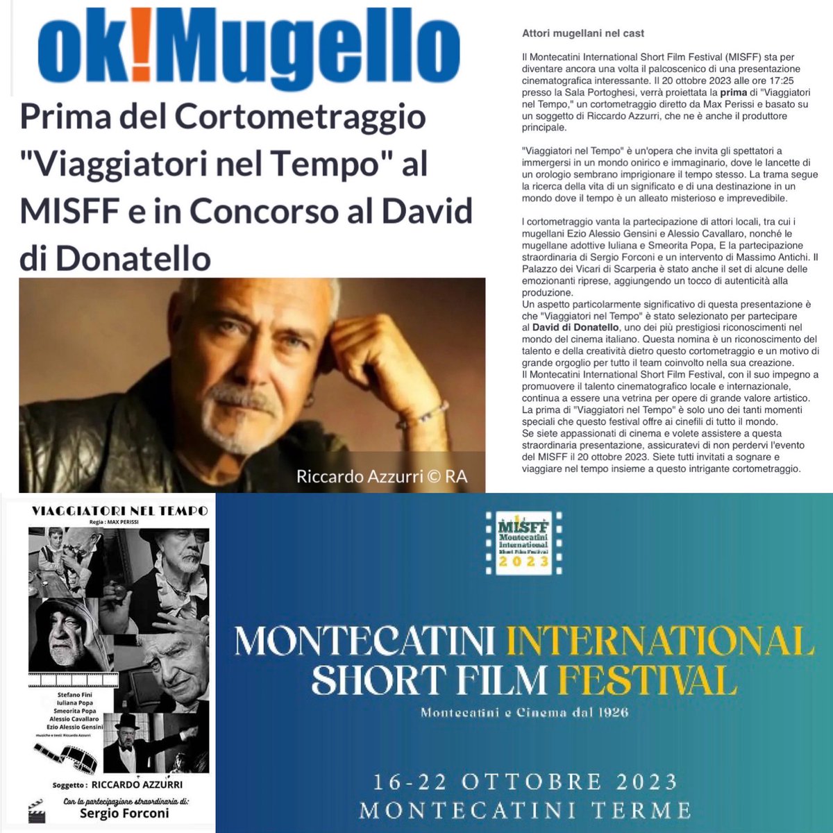 SmeoritaPopa's tweet photo. Montecatini International Short Film Festival
Il 20 ottobre presso la Sala Portoghesi, verrà proiettata la #prima di #ViaggiatoriNelTempo un #cortometraggio diretto da Max Perissi e basato su un #brano di @riccardoazzurri , che ne è anche il produttore principale‼️🎥🎶🍀
#MISFF https://t.co/ChtbSuQRix
