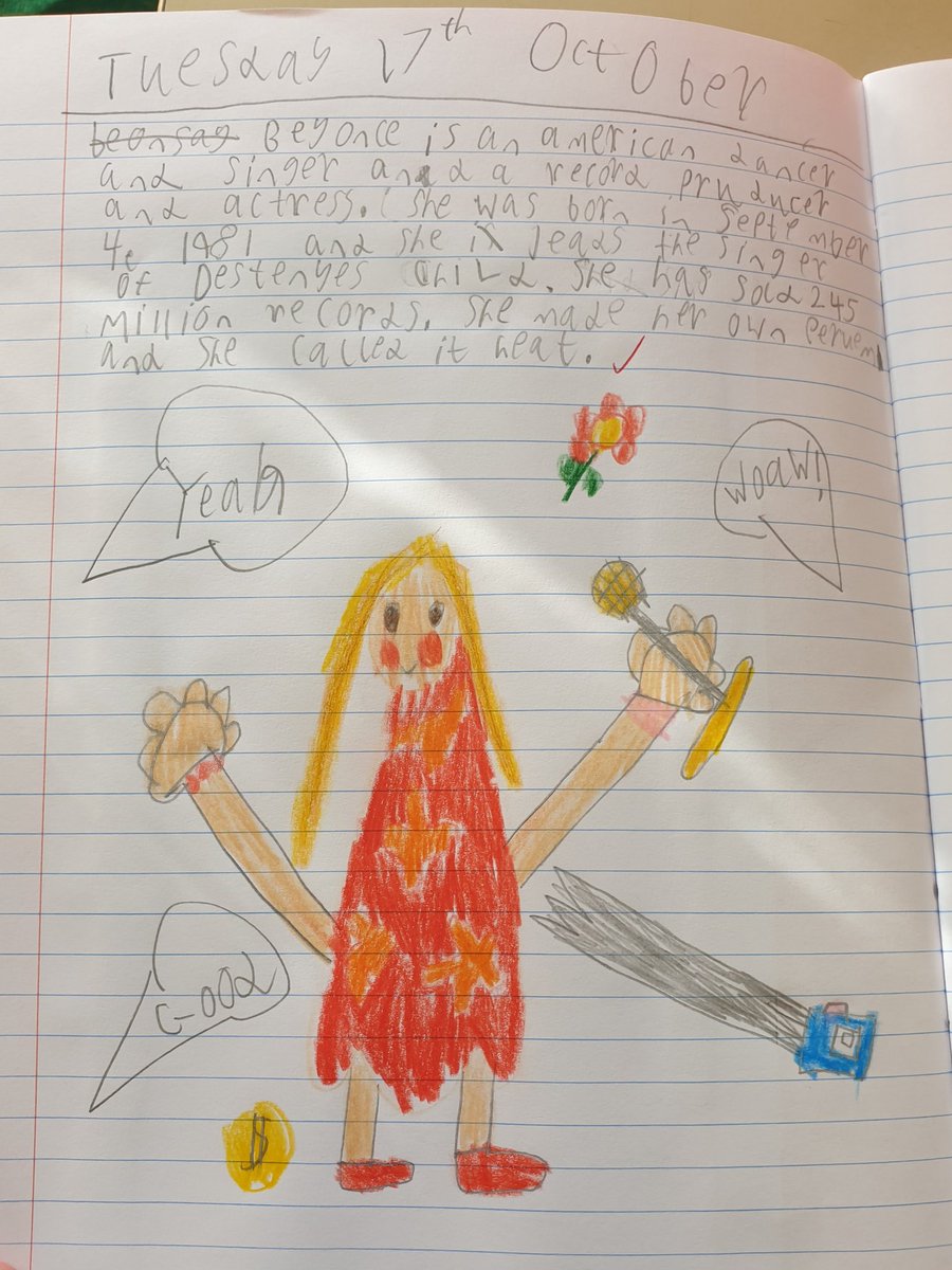 MissDLeather's tweet photo. Back in with the y2s today and they were researching a few different prominent figures in society. This child was doing Beyoncé and this drawing is the CUTEST 😍 https://t.co/vTtGnnCac8