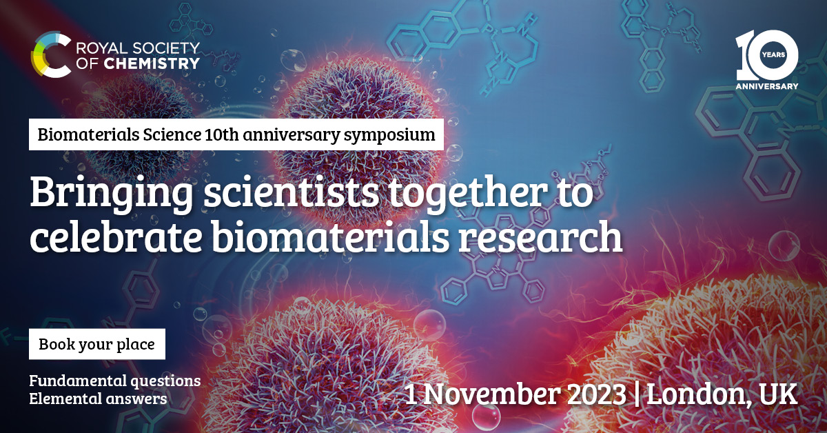 BioMaterSci's tweet photo. 📣Registration for the @biomatersci 10th anniversary symposium has been extended! Register by the 23 October to join us for a great day of talks and poster presentations.📣   

Find out more and register for the symposium here➡️https://t.co/otPgwFXp8E. https://t.co/HeNSSbYID5