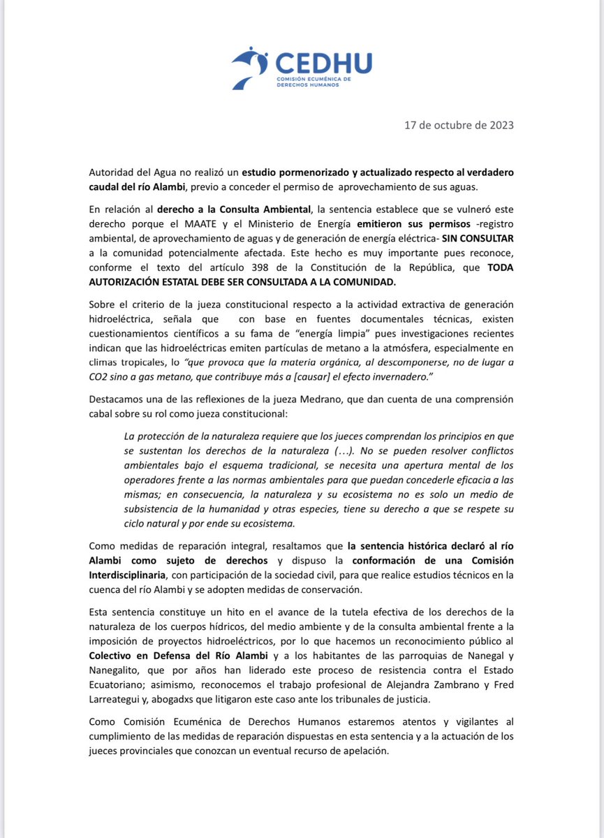#Pronunciamiento
¡Histórico! Río Alambi es declarado como sujeto de derechos
Jueza declaró la vulneración de derechos de la naturaleza, medio ambiente, agua, seguridad jurídica y consulta ambiental.
➕info cedhu.org/noticias/13-no…