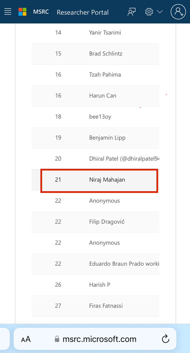 Secured the 21st spot globally in MSRC’s 2023 Q3 Leaderboard! 🚀 Thanks @Microsoft, for the recognition! 🏆 #Microsoft #MSRC #Leaderboard #Top21 #reward #bugbounty #hacking #infosec