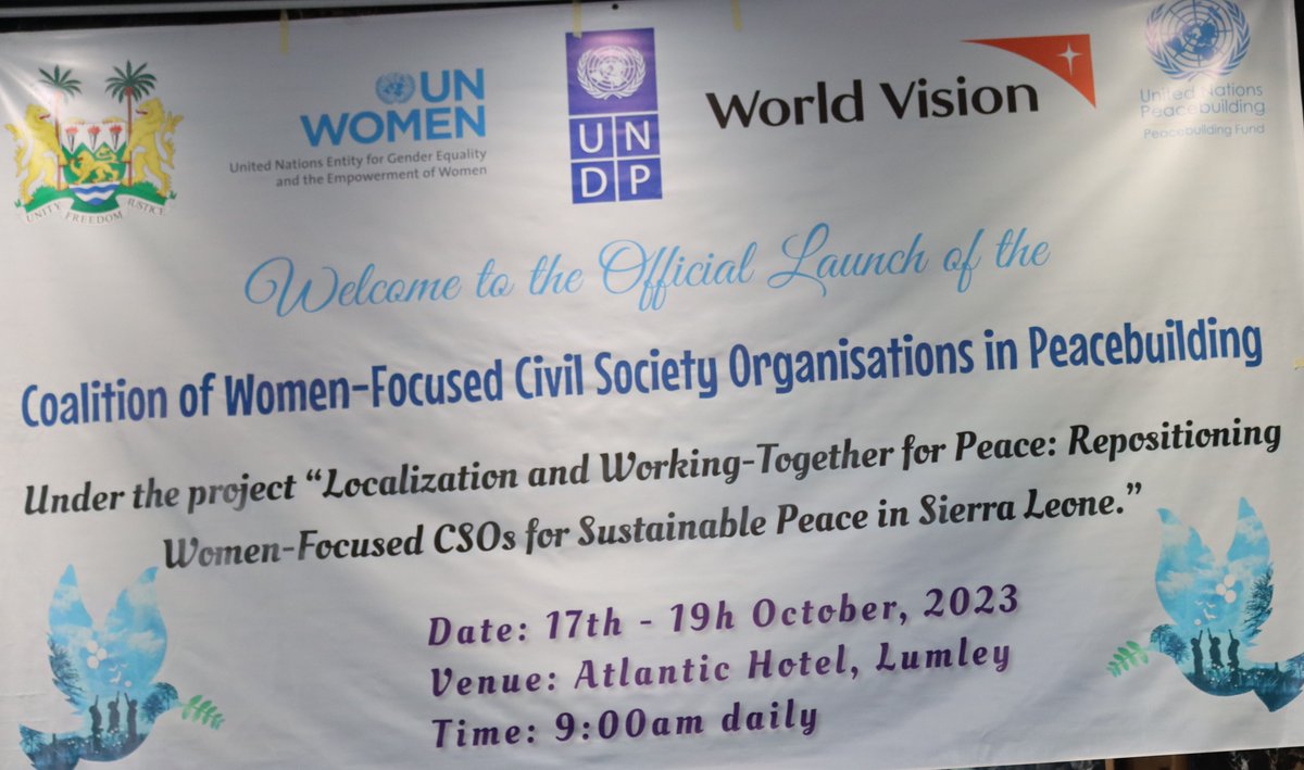 UNWOMEN_SL's tweet image. We are proud to partner with @UNDPSierraLeone @WVSierraLeone &amp;amp; #MOGCA  to host a 3-day conference of 120 women-focused CSOs in #Peacebuilding under the Localization &amp;amp; Working-Together for Peace Project, with @UNPeacebuilding support.
#SustainablePeaceInSL
#WPS
#WomenEmpowerment