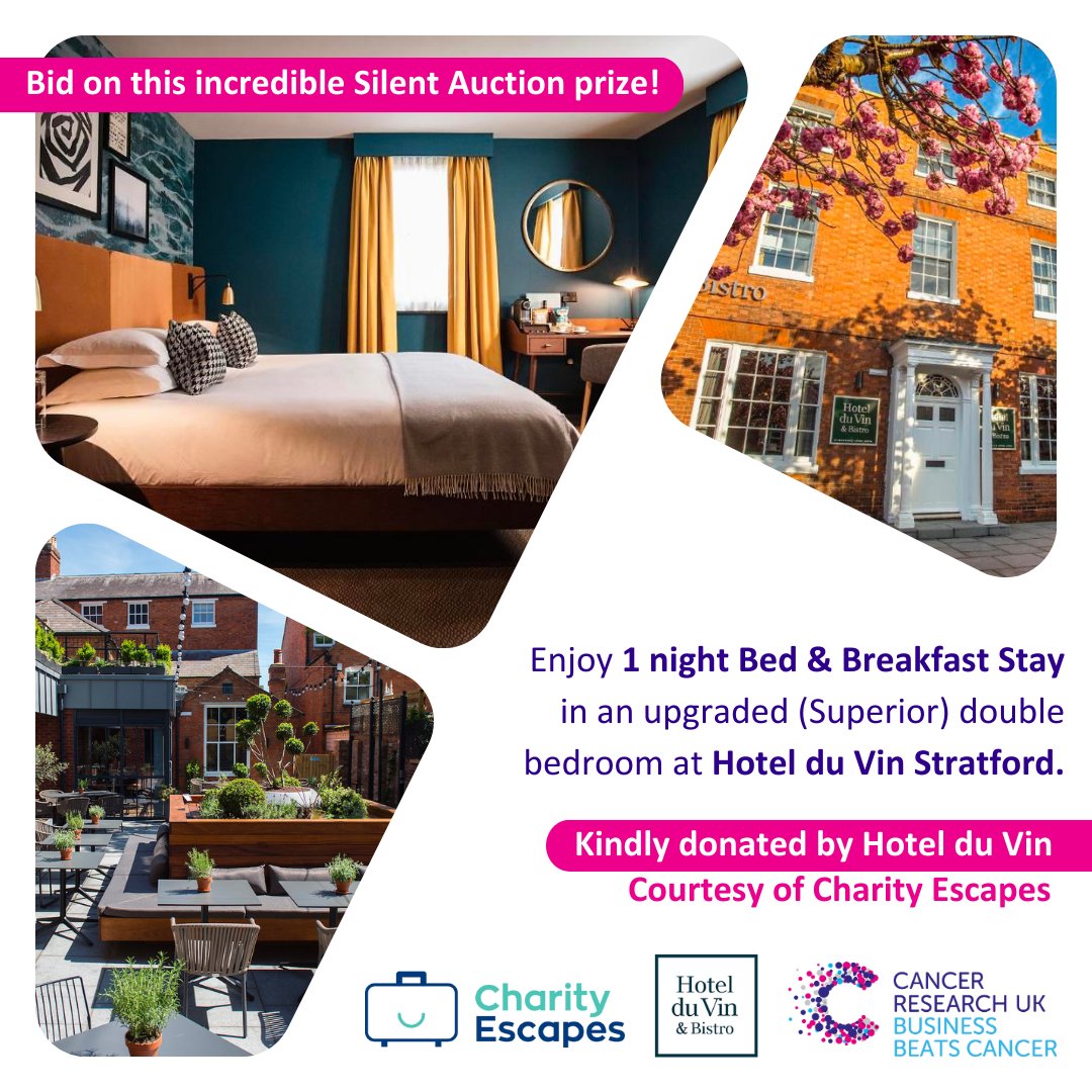 Business Beats Cancer Bristol (@bbc_bristol) on Twitter photo We couldn't be more grateful to <a href="/HotelduVinbrand/">Hotel du Vin</a> &
@Charityescapes for providing us with this wonderful silent auction prize for our Gala Dinner on 19th October!🤩
Enjoy 1 night Bed & Breakfast Stay in a superior double bedroom at Hotel du Vin Stratford shorturl.at/muCI8 We couldn't be more grateful to <a href="/HotelduVinbrand/">Hotel du Vin</a> &
@Charityescapes for providing us with this wonderful silent auction prize for our Gala Dinner on 19th October!🤩
Enjoy 1 night Bed & Breakfast Stay in a superior double bedroom at Hotel du Vin Stratford shorturl.at/muCI8