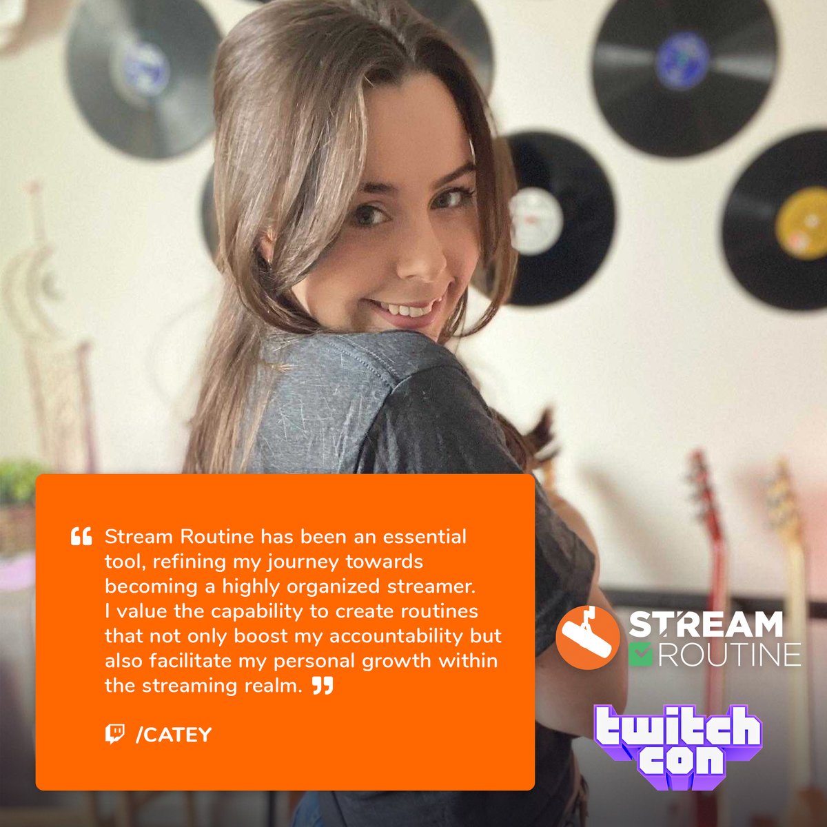StreamRoutine's tweet image. CATEY was one of the first people that heard about the idea for StreamRoutine almost exactly 1 year ago! We are so happy that she will be with us in Vegas this weekend. Come by and say hi to CATEY and the StreamRoutine team at the booth during #TwitchCon!