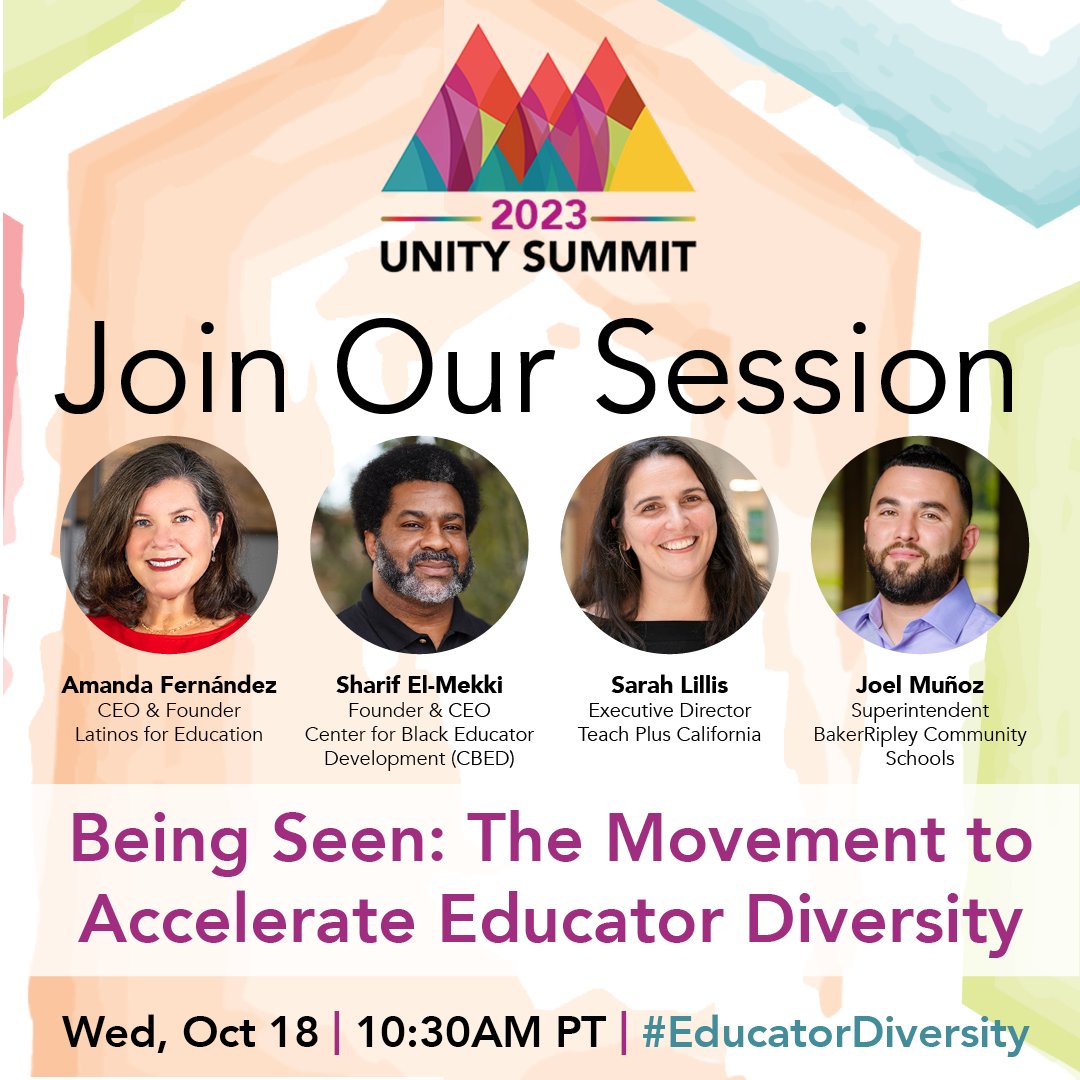 Latinos4Ed's tweet image. Join our Founder and CEO, @AmanFernan24 at the #2023UnitySummit, along @SarahBethL of @TeachPlusCA, @selmekki of @CenterBlackEd, and Joel Muñoz of @BakerRipley.

During our session we will explore innovative efforts to diversify America’s classrooms. #Unite4Equity