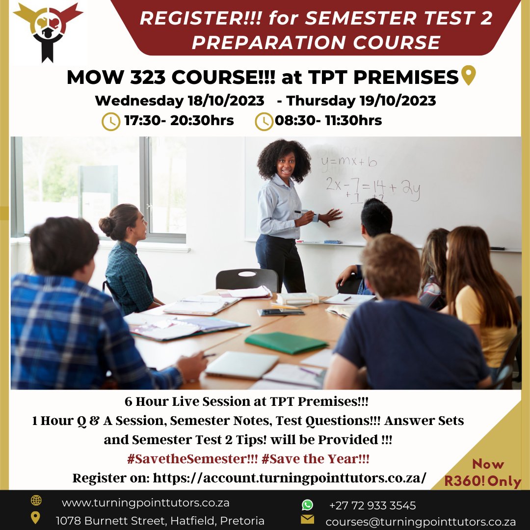 TptTutors's tweet image. REGISTER TODAY! For MOW323 AND ELI220 courses starting tomorrow Wednesday!!!   Register on : account.turningpointtutors.co.za For updates on the course’s information please regularly visit our website: turningpointtutors.co.za. Send us a message via WhatsApp (+27 72 933 3545) #Engweek