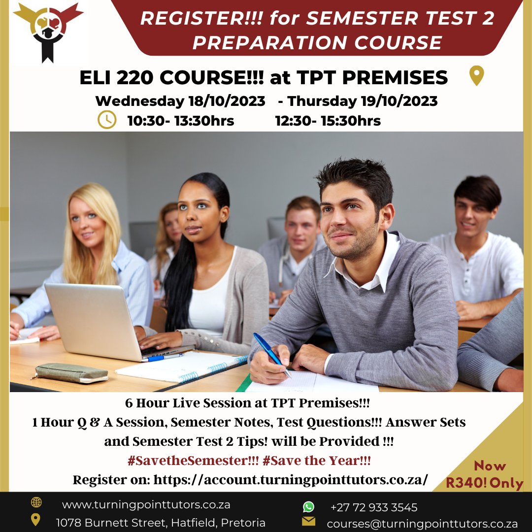 TptTutors's tweet image. REGISTER TODAY! For MOW323 AND ELI220 courses starting tomorrow Wednesday!!!   Register on : account.turningpointtutors.co.za For updates on the course’s information please regularly visit our website: turningpointtutors.co.za. Send us a message via WhatsApp (+27 72 933 3545) #Engweek
