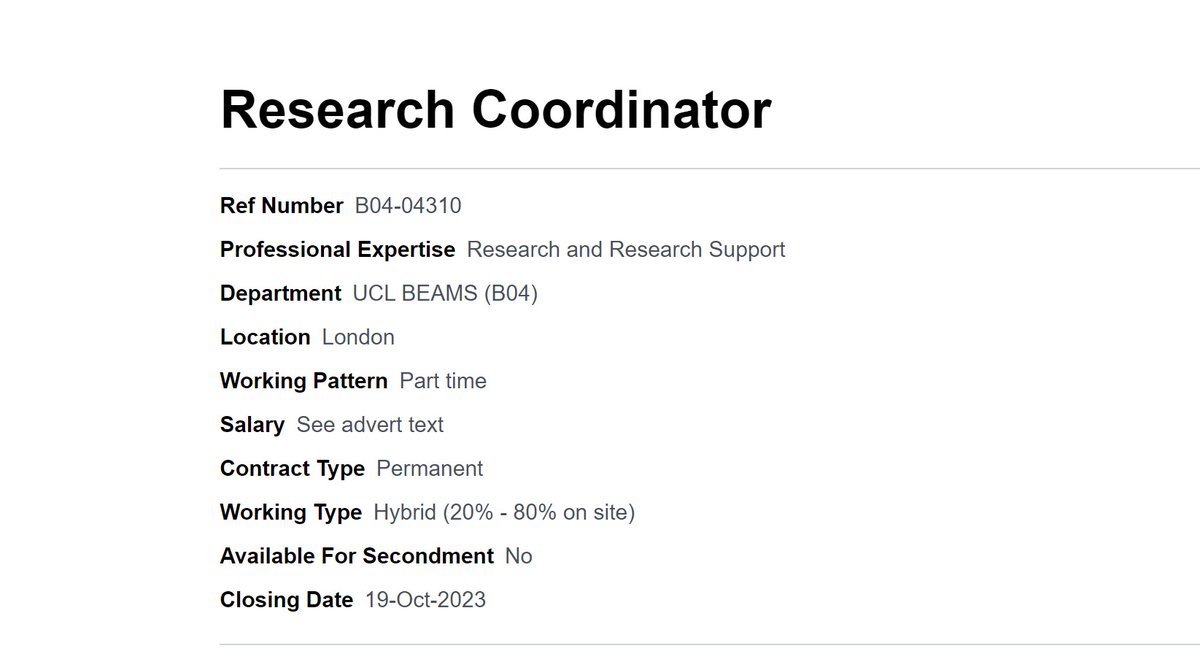 JOB ALERT: We are hiring a part time *research coordinator* for a new 2.5 year project helping the children with complex health needs in ICU. 

Project management &amp; NHS Ethics &amp; governance role.

Deadline is THURSDAY (19 Oct)

ucl.ac.uk/work-at-ucl/se…