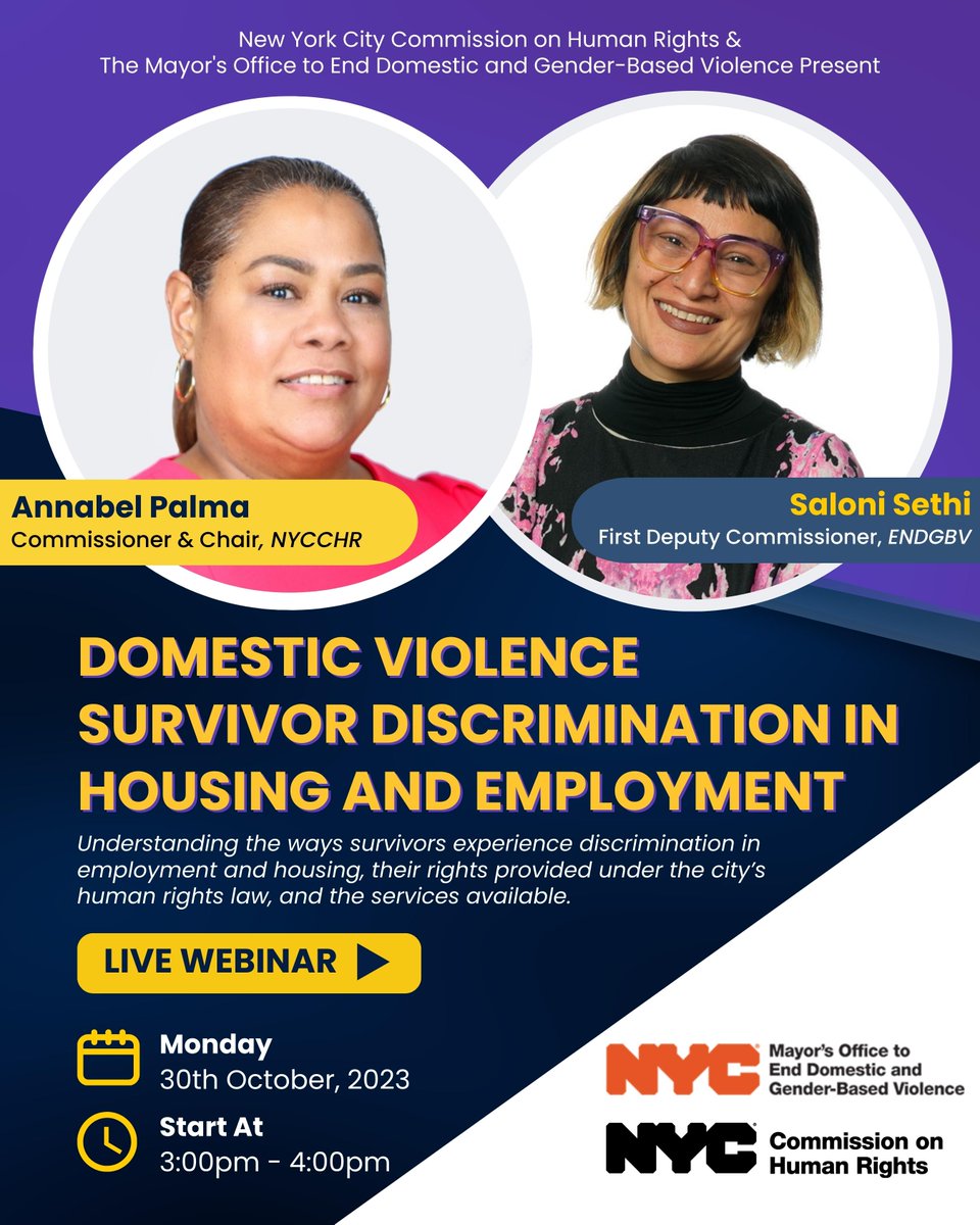 NYCCHR's tweet photo. Join the Commission on Human Rights and the Mayor's Office to End Domestic and Gender-Based Violence for a virtual #DomesticViolenceAwarenessMonth event highlighting protections and resources for survivors. RSVP: https://t.co/gSYHs1V2Ws
#DVAM #EndGBV #AwarenessHelpHope https://t.co/FZ4Ci0ZUYW