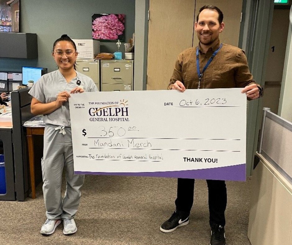 🌟In September, nurse Faye set up shop for 2 days at GGH. Faye showcased her amazing healthcare-themed T-shirts, bags, pins, and other delightful merch, generously donating $5 from every $25 sale to FGGH. In total, Mandani Merch donated $350!  Thank you Faye &amp; supporters! 💖