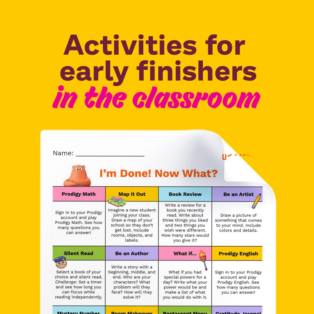 ProdigyGame's tweet photo. Teachers, What do the #earlyfinishers in your classroom do to keep themselves occupied?
We've put together a free & fun #choiceboard printable that has a ton of different activities that students can complete independently - download it here: https://t.co/iOz4hVi1Tu https://t.co/DqjyXwsF2T