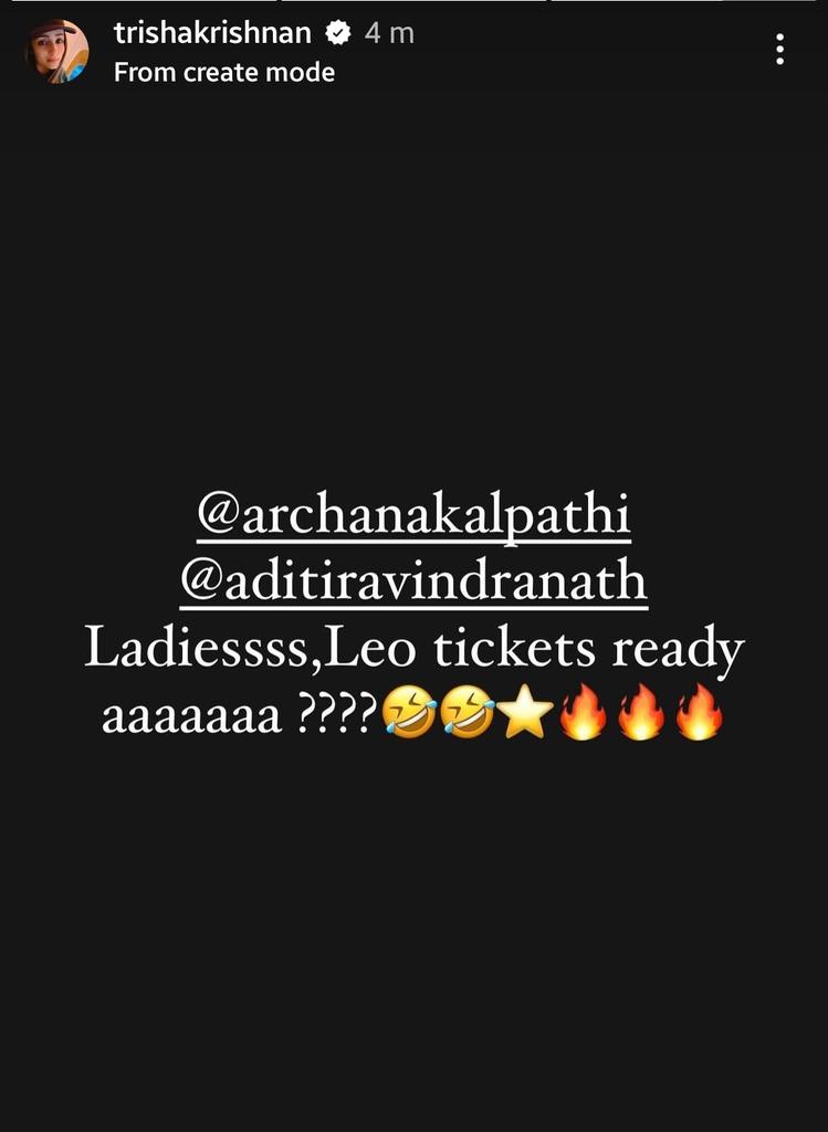 Mastermanik78's tweet photo. @trishtrashers  insta story  
Tickets ready ya 😍..... to  @archanakalpathi 🤗   mam 

#Leo #Leofever https://t.co/uSdhMphLd2