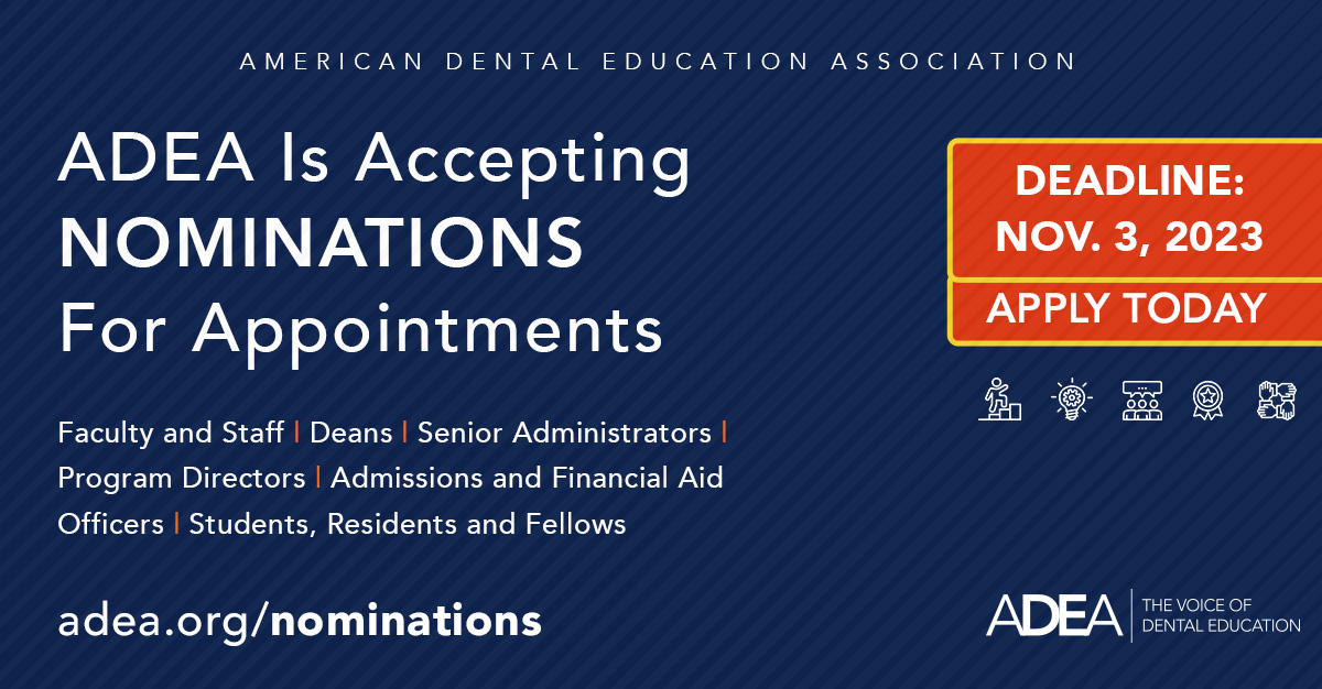 adeaweb's tweet image. Are you seeking an opportunity to show your leadership ability? Do you wish to serve the profession and better understand and develop national and international policy? Seek that opportunity by applying for an ADEA appointment or nomination!
adea.org/nominations