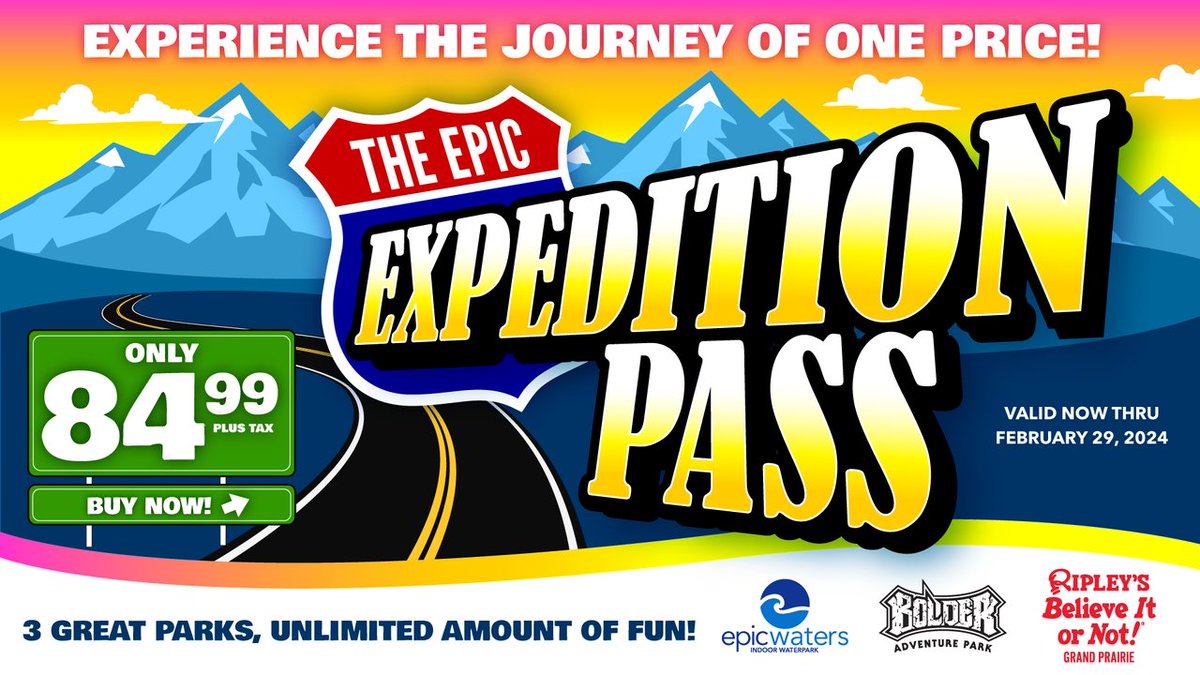 We are happy to announce our new Epic Expedition Pass! Enjoy Epic Waters, Bolder Adventure Park, AND Ripley's Believe It or Not! 😁

Triple the fun for an EPIC price! 🎉

Grab your tickets today‼️
tinyurl.com/ExpeditionPass
