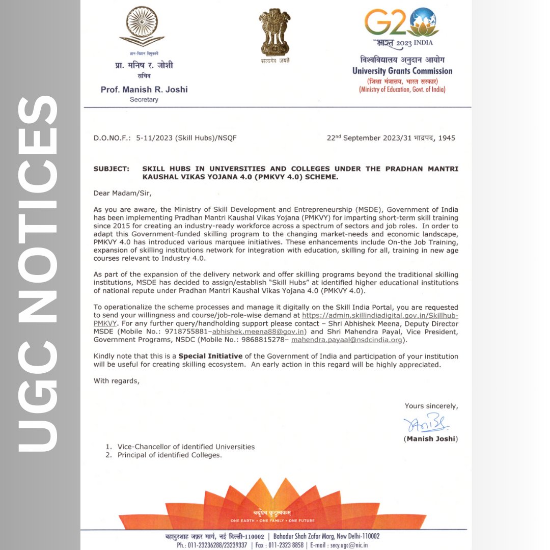 ugc_india's tweet photo. UGC letter regarding:
Skill Hubs in Universities and Colleges under the Pradhan Mantri Kaushal Vikas Yojana 4.0 (PMKVY 4.0) Scheme.
#SkillHubs #SkillIndia #SkillMission https://t.co/7oSog6IZjO