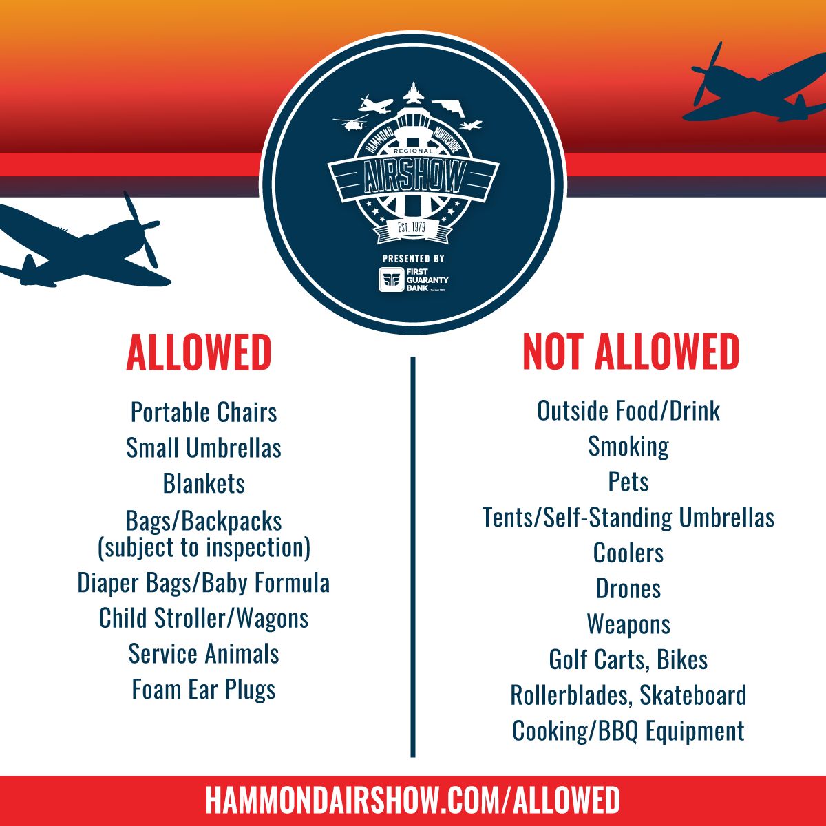 HNRAirshow's tweet photo. Make sure to bring the essentials for the Hammond Northshore Regional Airshow. Check the list of what is allowed.

📅 October 21st &amp; 22nd

https://t.co/kkchlpNKd4 | #HNRA2023 https://t.co/FE6FeTbFp6
