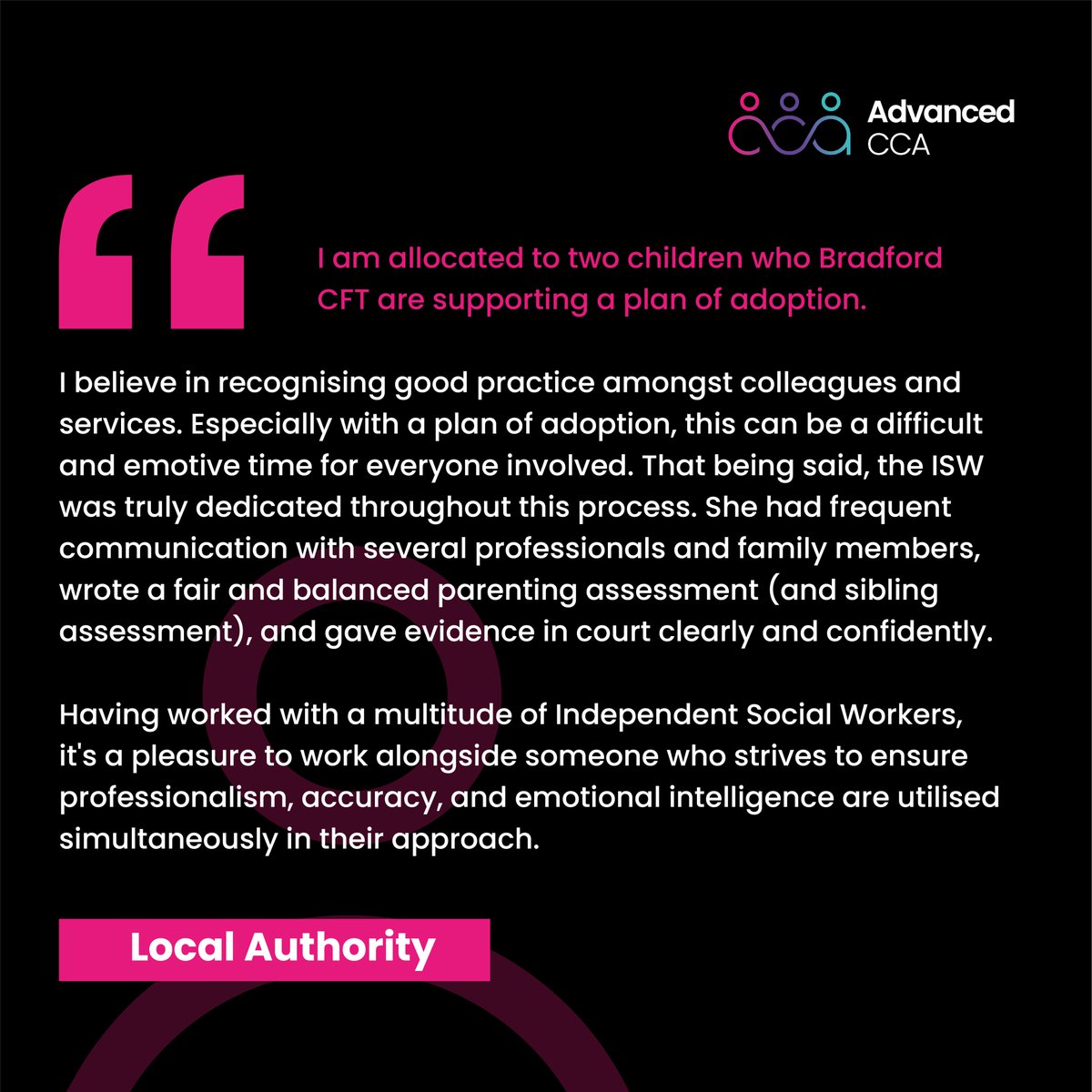 It's always great to receive positive feedback.

We often work with challenging cases, so to receive recognition means a lot to the team here at ACCA.