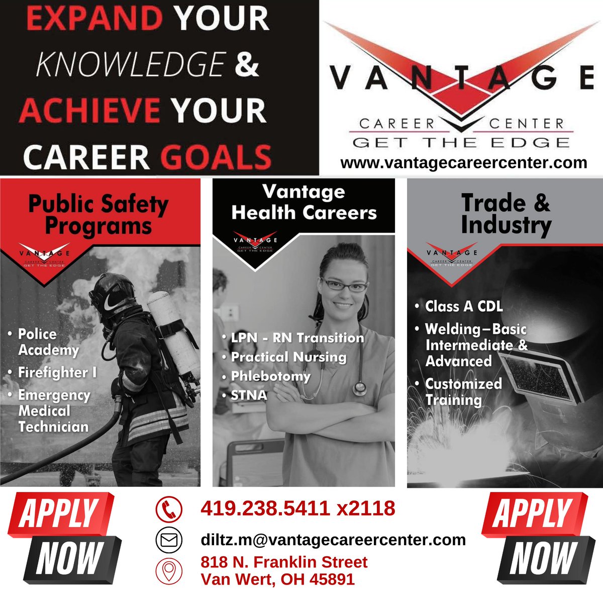 vccstudents's tweet photo. Vantage post-secondary education options are available to any motivated high school student or graduate! Check out our current enrolling programs starting this fall and winter! Basic Welding, EMT, Firefighter, and STNA! Call today! 419.238.5411 x2118 https://t.co/yNNL6puSVG