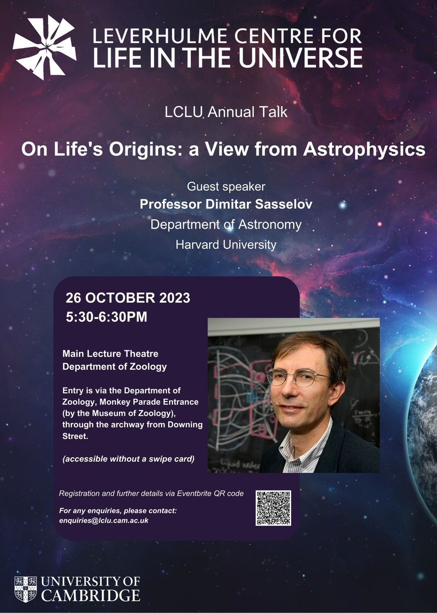 📢NEXT WEEK📢@LeverhulmeTrust Centre for Life in the Universe Annual Talk by Professor Dimitar Sasselov, 26 October 2023, ⏰17:30-18:30 'On Life's Origins: a View from Astrophysics'. Details rb.gy/ohld5